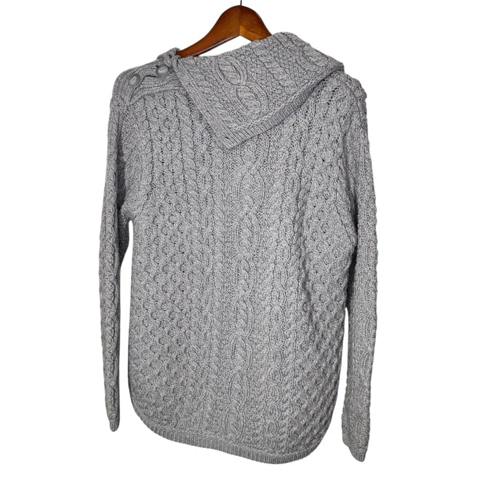 Aran Mor Cowl Button Neck Merino Wool Cable Knit Grey Sweater Size Medium NWT - Picture 2 of 9